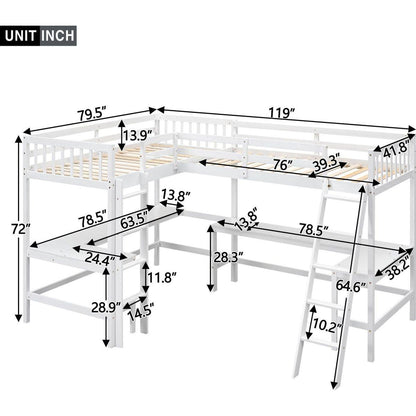 Wood Twin Size L-Shaped Loft Bed with Ladder and 2 Built-in L-Shaped Desks, White