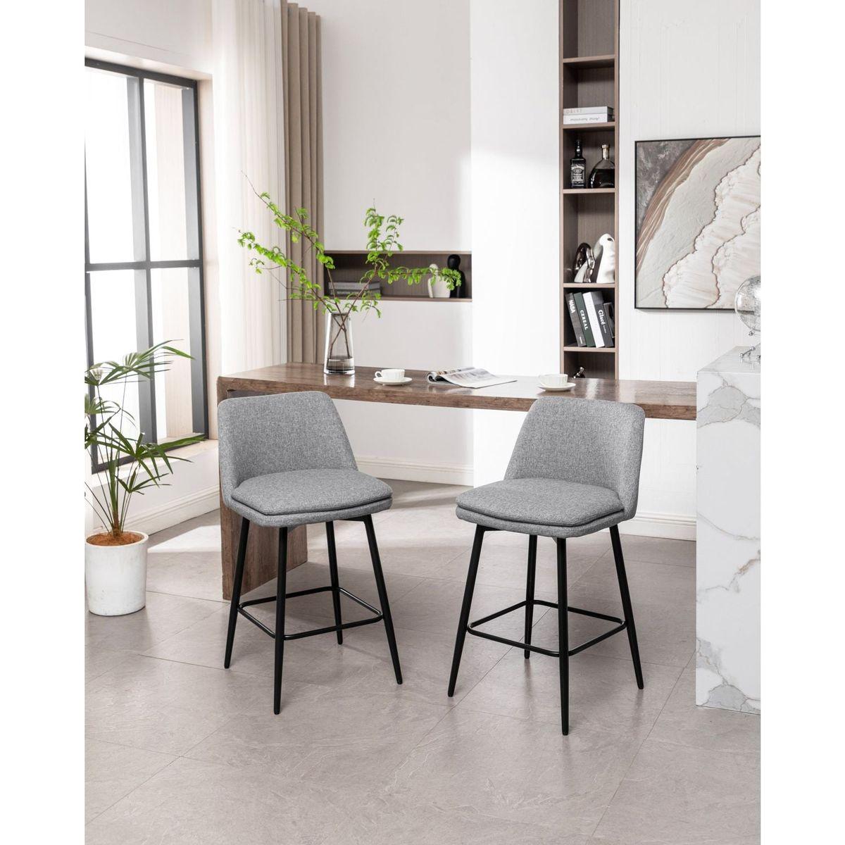 Counter Height Swivel Bar Stools Set of 2, 360 Swivel Upholstered Barstools with Back and Metal Legs, 25.6" Seat Height,Counter Stools for Kitchen Island and Pub,Linen Cloth,Grey