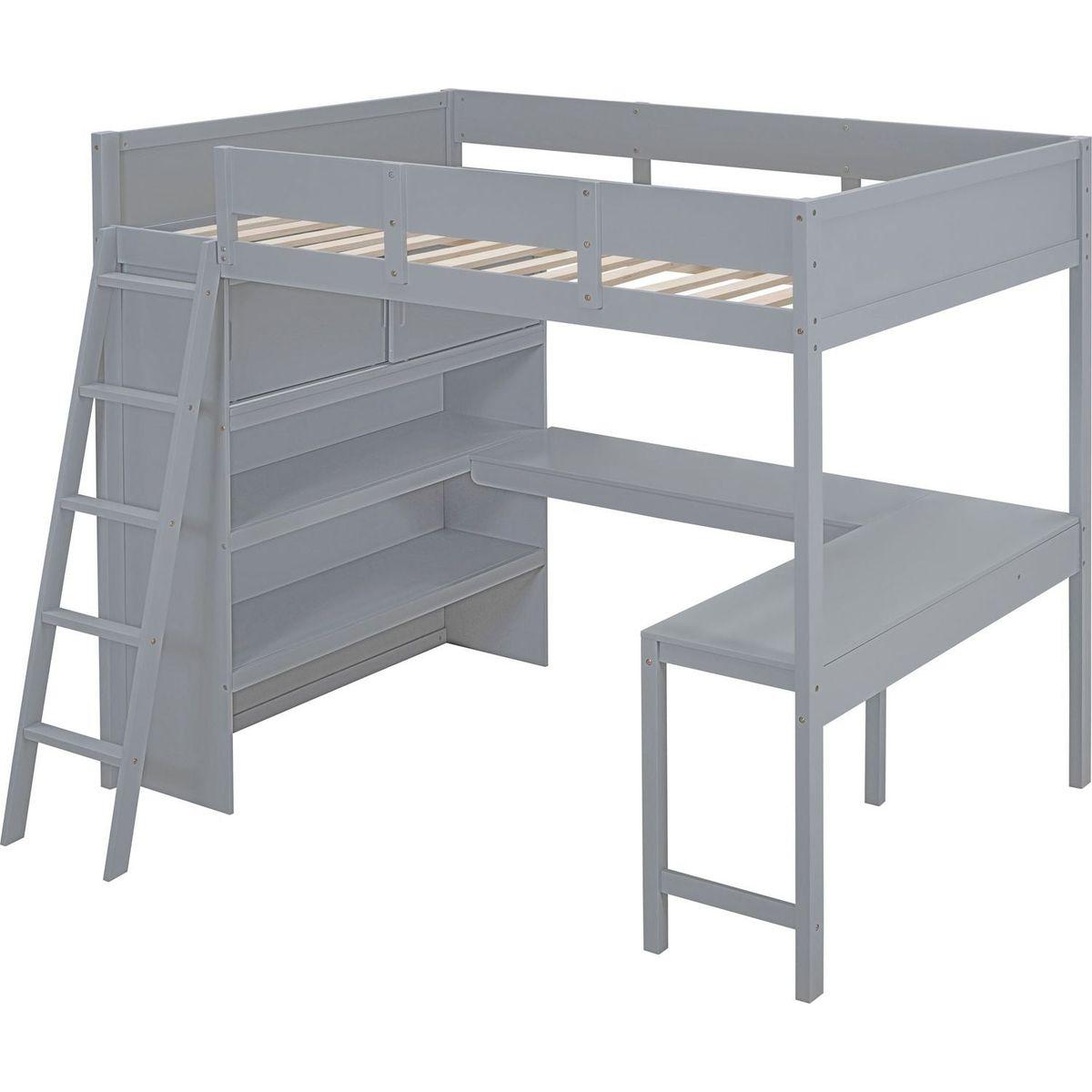 Full Size Loft Bed with Desk and Shelf - Gray