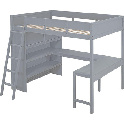 Full Size Loft Bed with Desk and Shelf - Gray