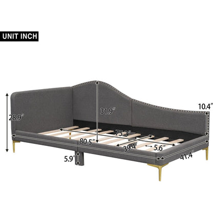 Twin Size Upholstered Daybed with Headboard and Armrest, Support Legs, Grey