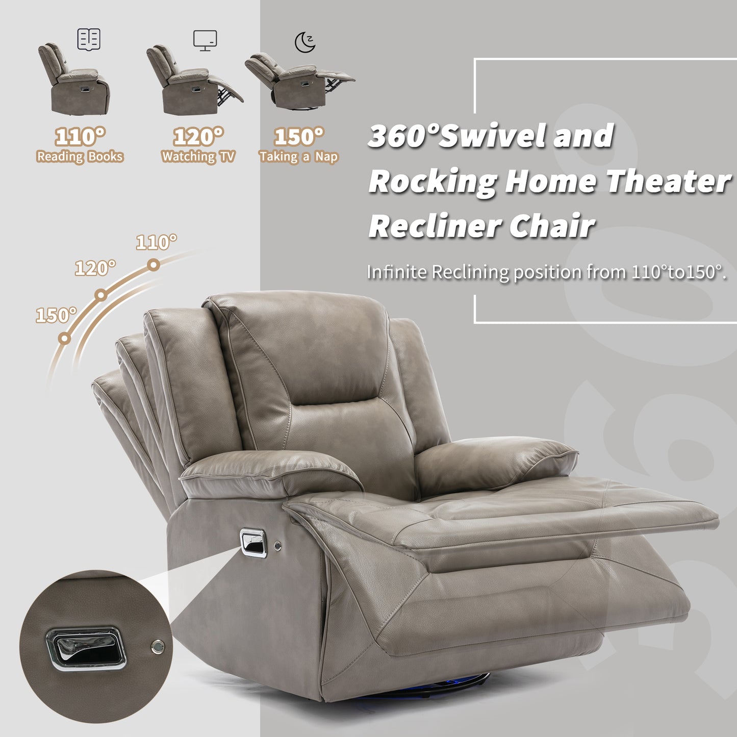 360 Swivel and Rocking Home Theater Recliner Manual Recliner Chair with a LED Light Strip for Living Room,Bedroom, Grey