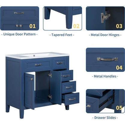 36" Bathroom Vanity with Sink Combo, Blue Bathroom Cabinet with Drawers, Solid Frame and MDF Board