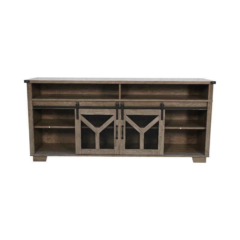 65.3' TV Stand with LED light strips and Iron mesh barn door Y decorative strip country grey farmhouse style