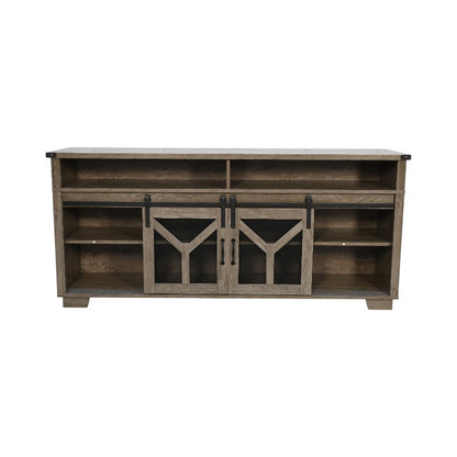 65.3' TV Stand with LED light strips and Iron mesh barn door Y decorative strip country grey farmhouse style