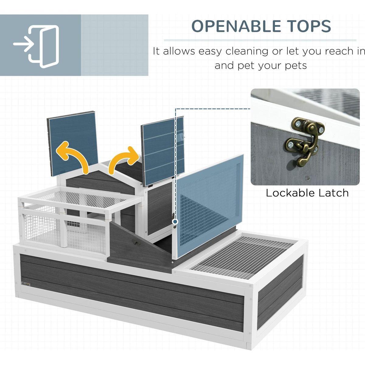 3-Room Tortoise House Habitat with Balcony & 2 Stories, Indoor/Outdoor Wooden Tortoise Enclosure with Ladder, Tray, Openable Roof, Large Reptile Cage, 44" x 25.5" x 23", Gray