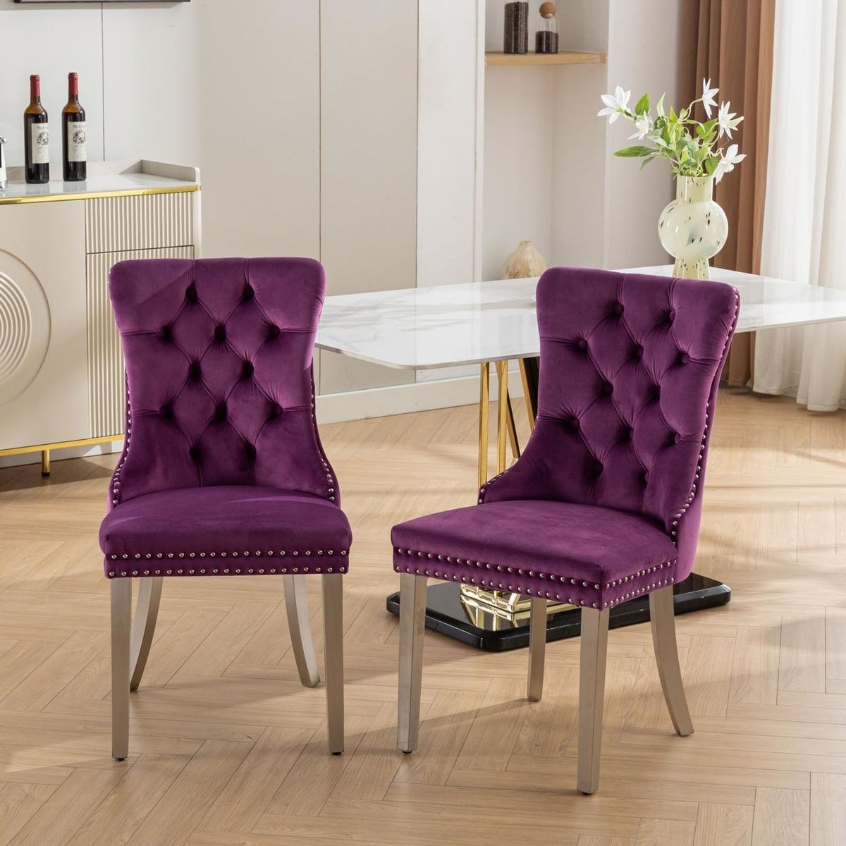 Nikki Collection Modern, High-end Tufted Solid Wood Contemporary Velvet Upholstered Dining Chair with Chrome Stainless Steel Plating Legs,Nailhead Trim,Set of 2,Purple and Chrome