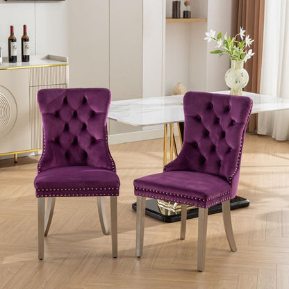 Nikki Collection Modern, High-end Tufted Solid Wood Contemporary Velvet Upholstered Dining Chair with Chrome Stainless Steel Plating Legs,Nailhead Trim,Set of 2,Purple and Chrome