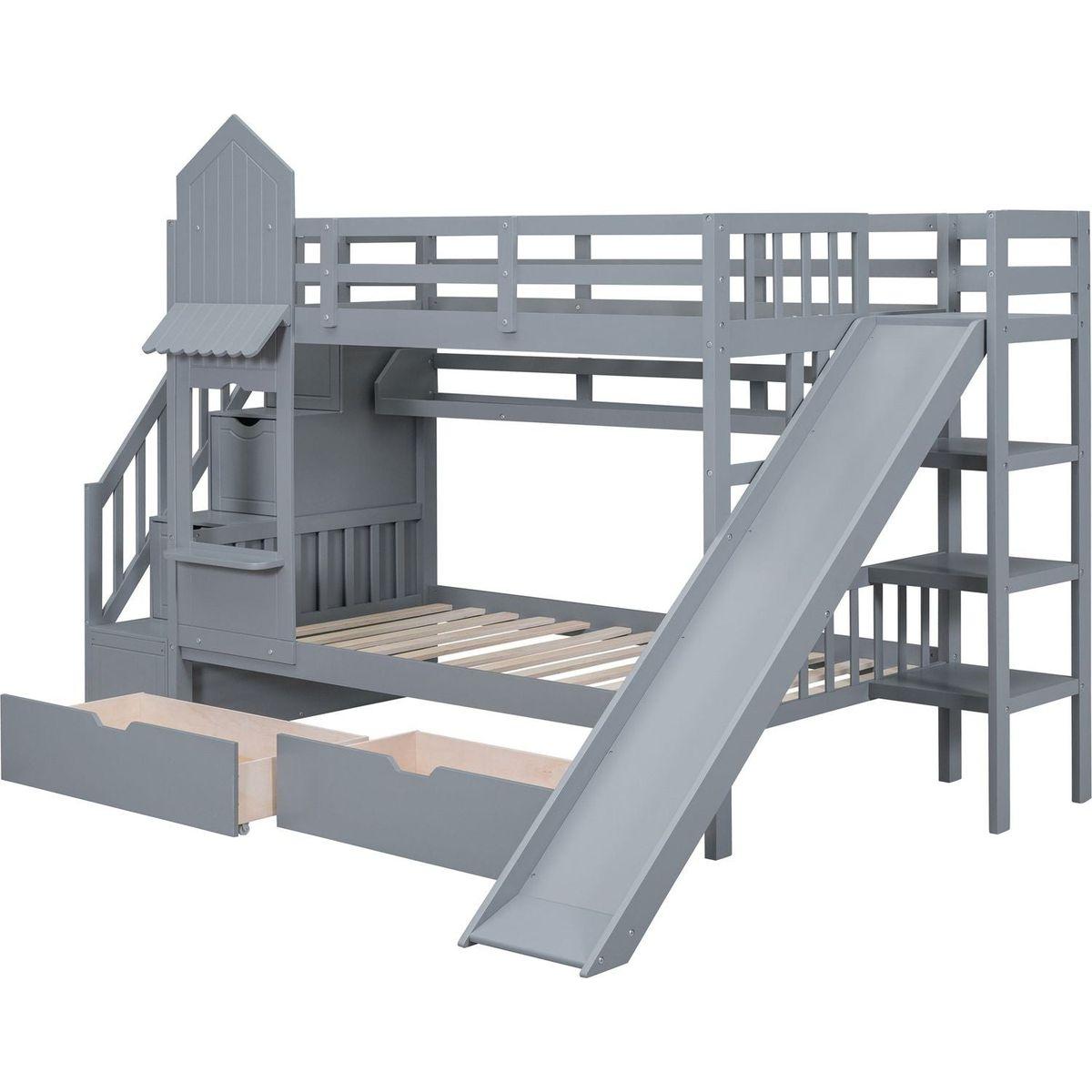 Twin-Over-Twin Castle Style Bunk Bed with 2 Drawers 3 Shelves and Slide - Gray