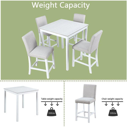 5 Piece Counter Height Table Set, Wooden Kitchen Table Set with Square Table and 4 Upholstered Chairs, Counter Height Dining Table with Crystal Decoration and Chair Set for Kitchen, Dining Room,White