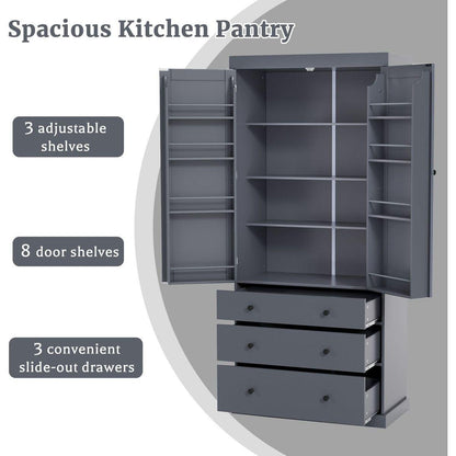 [Assembly Video Provided]77inch Farmhouse Kitchen Pantry, Freestanding Tall Cupboard Storage Cabinet with 3 Adjustable Shelves, 8 Door Shelves, 3 Drawers for Kitchen, Dining Room, Gray
