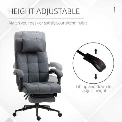 Executive Linen-Feel Fabric Office Chair High Back Swivel Task Chair with Adjustable Height Upholstered Retractable Footrest, Headrest and Padded Armrest, Dark Grey