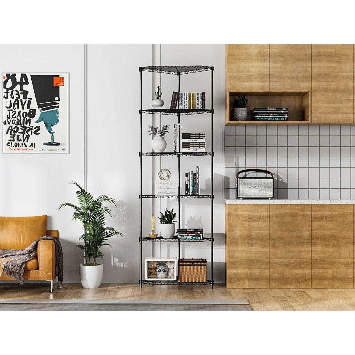 6 Tier Shelf Corner Wire Shelf Rack Pentagonal Shelves Adjustable Metal Heavy Duty Free Standing Corner Storage Display Chrome Rack for Bathroom, Living Room, Kitchen - Black