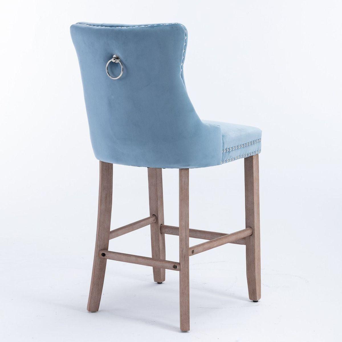 Contemporary Velvet Upholstered Barstools with Button Tufted Decoration and Wooden Legs, and Chrome Nailhead Trim, Leisure Style Bar Chairs,Bar stools, Set of 2 (Light Blue)