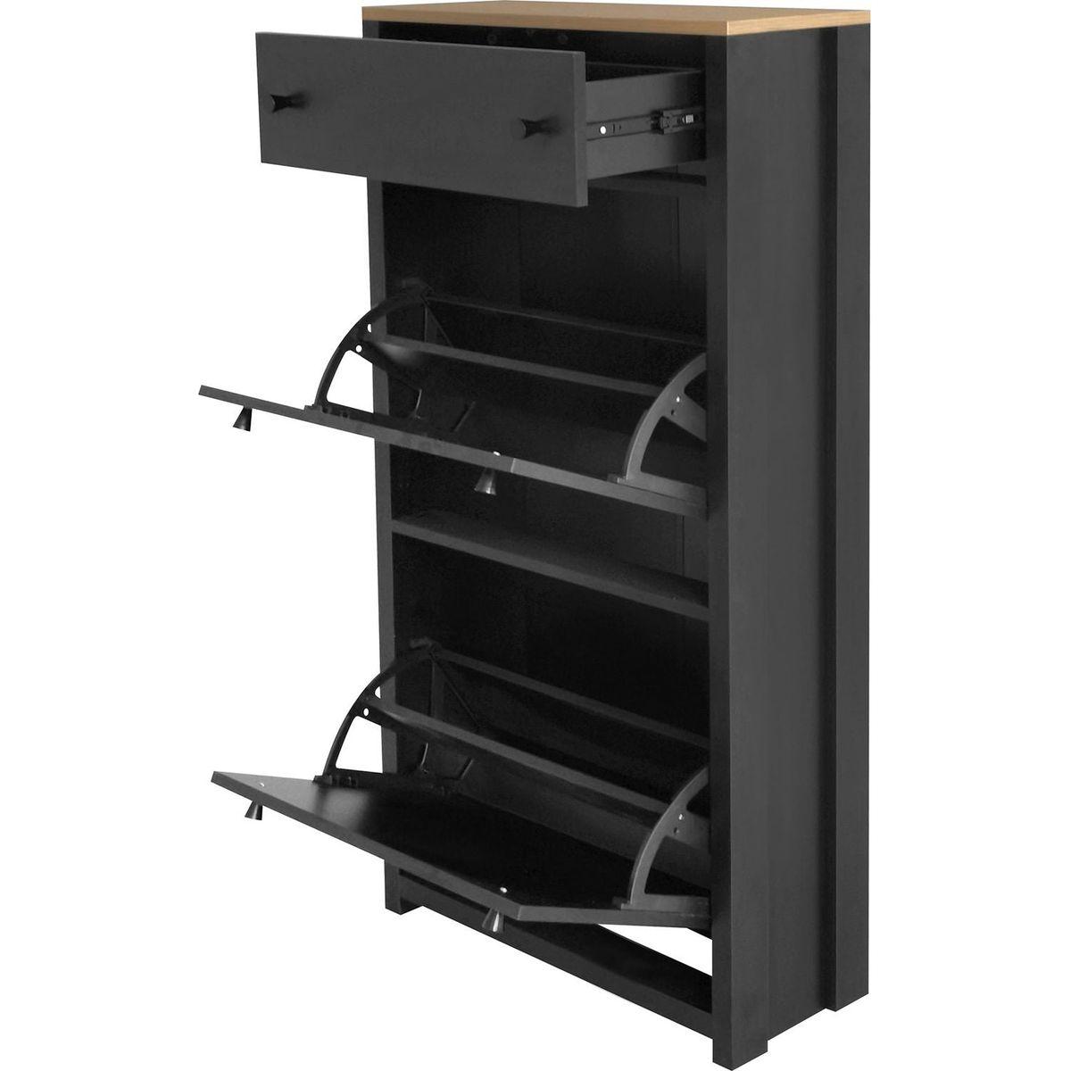 Slim Shoe Cabinet Set with 4 Flip Drawers, Wood Grain Pattern Top Shoe Storage Solution with Adjustable Panel, Modern Style Shoe Rack with Drawers for Hallway, Black