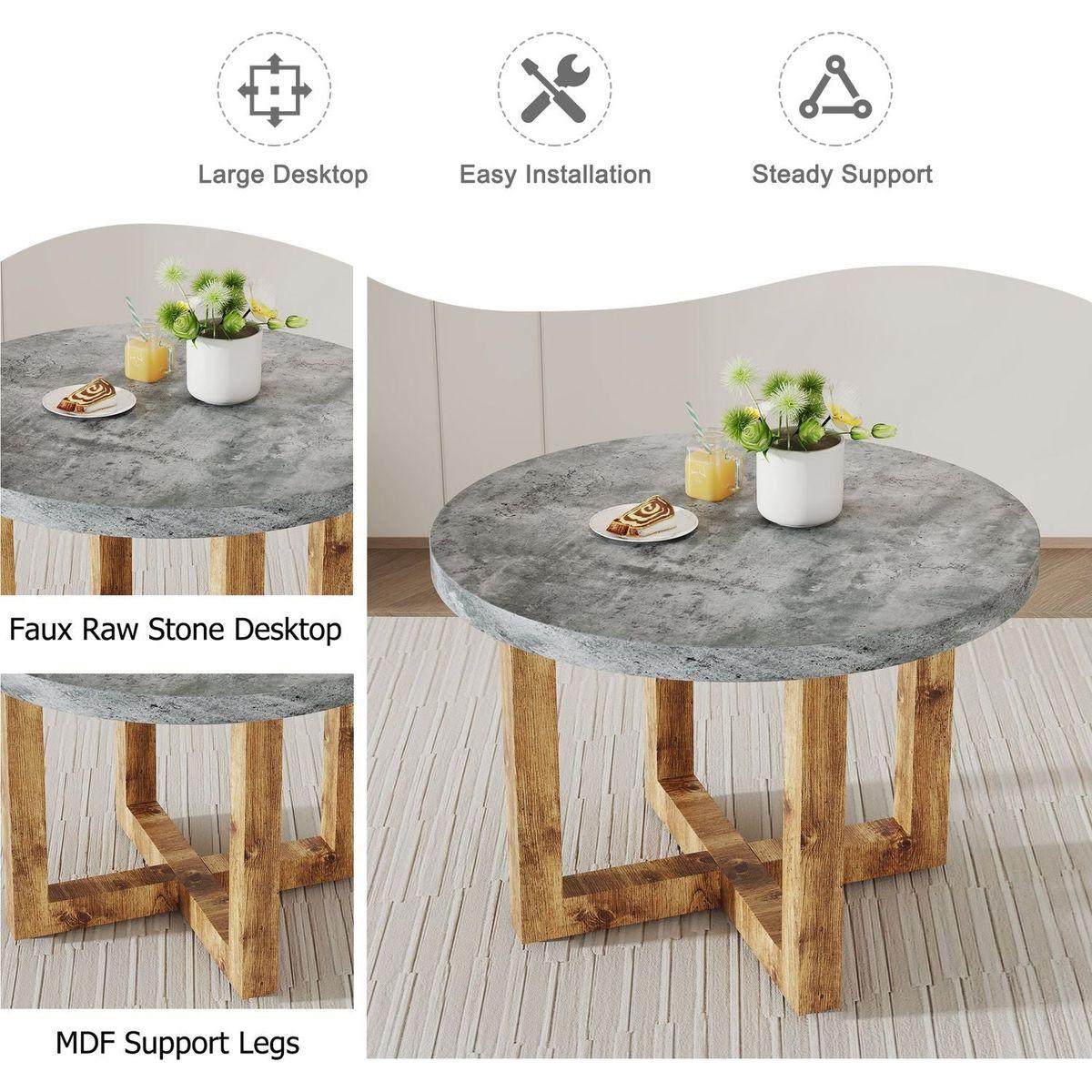 A modern and practical circular dining table. Made of MDF tabletop and wooden MDF table legs. A set of 4 brown cushioned chairs.