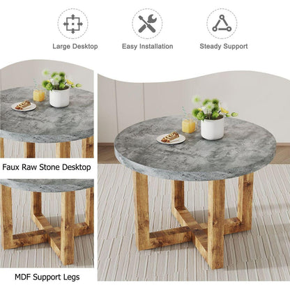 A modern and practical circular dining table. Made of MDF tabletop and wooden MDF table legs. A set of 4 brown cushioned chairs.