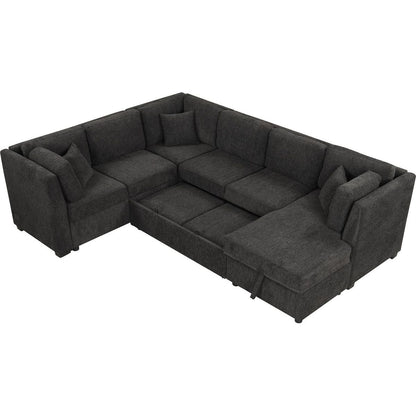 108.6" U-shaped Sectional Sofa Pull out Sofa Bed with Two USB Ports, Two Power Sockets, Three Back Pillows and a Storage Chaise for Living Room, Black