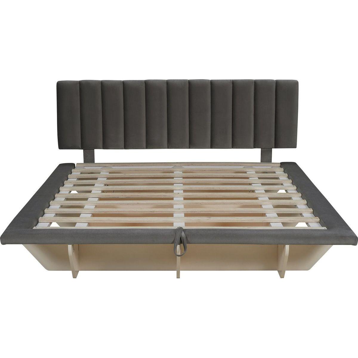 Queen Size Upholstered Floating Bed with LED Light and USB Port, Velvet, Gray, Hydrualic Platform Bed