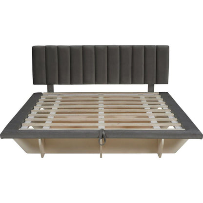 Queen Size Upholstered Floating Bed with LED Light and USB Port, Velvet, Gray, Hydrualic Platform Bed