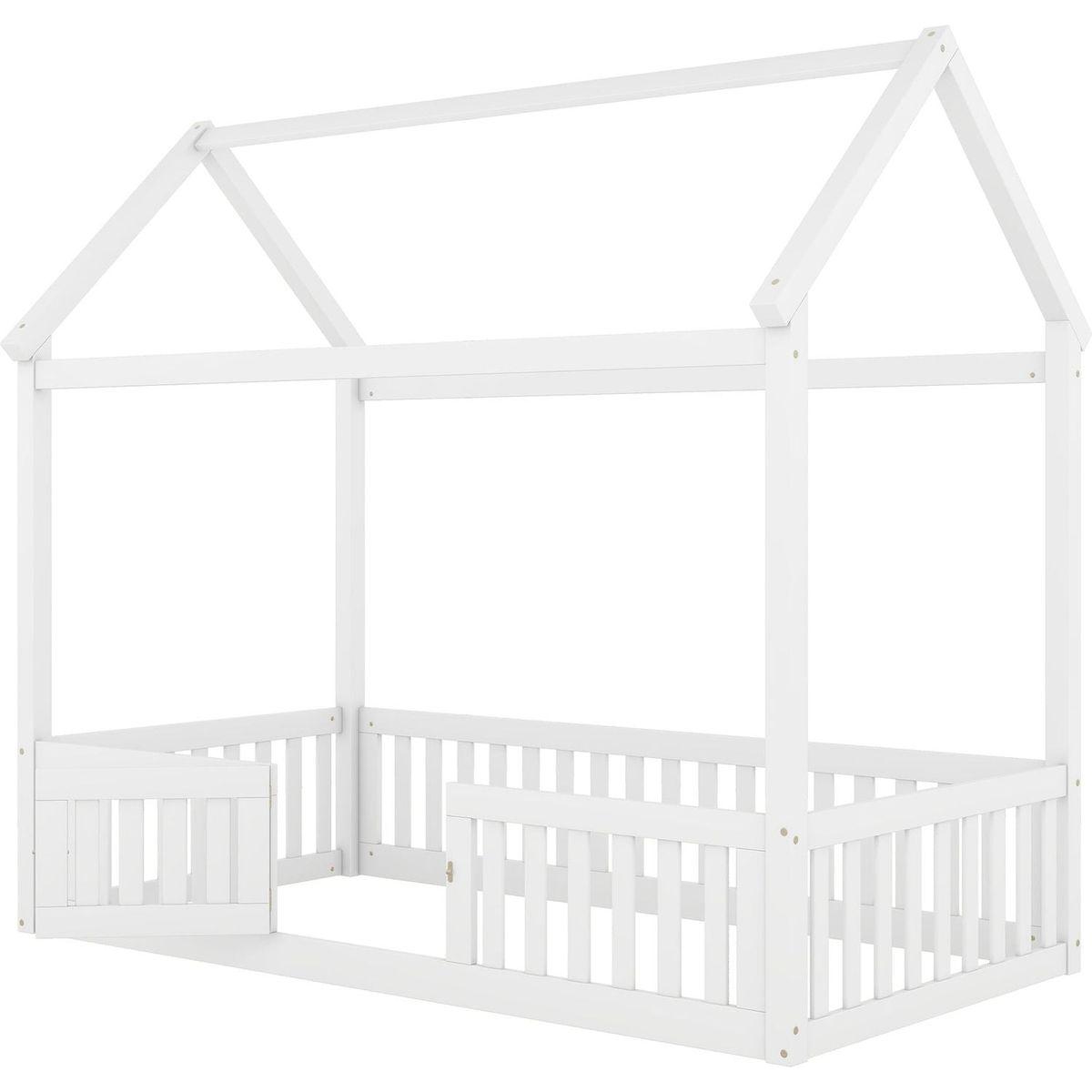 Twin Size Wood House Bed with Fence and Door, White