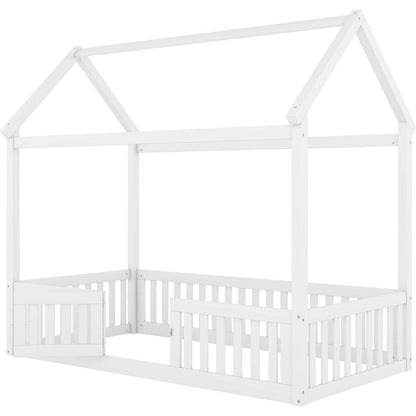 Twin Size Wood House Bed with Fence and Door, White