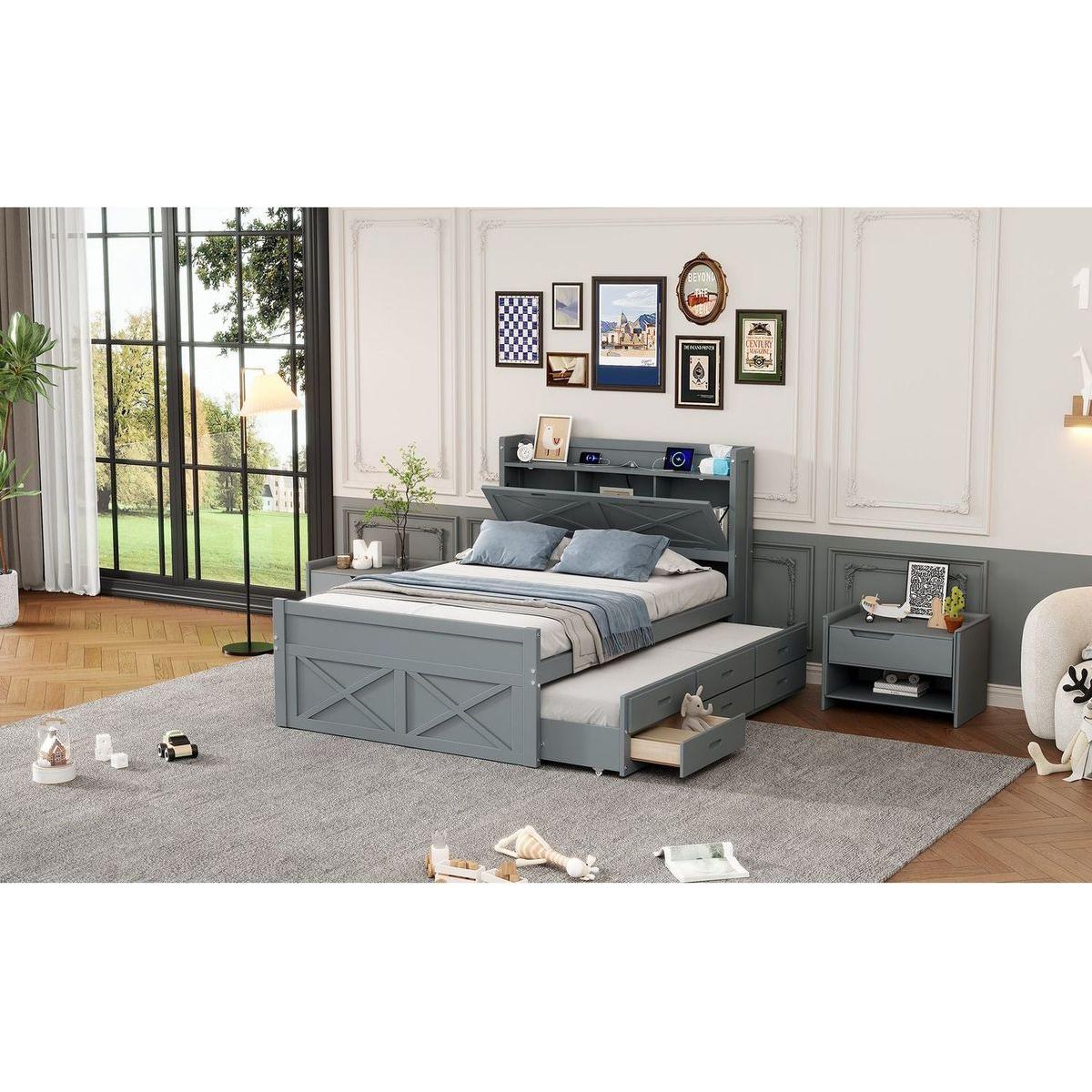 Full Size Wooden Bed with Storage Headboard with Outlets, Extendable Bed with Twin Size Trundle with Three Storage Drawers,Gray