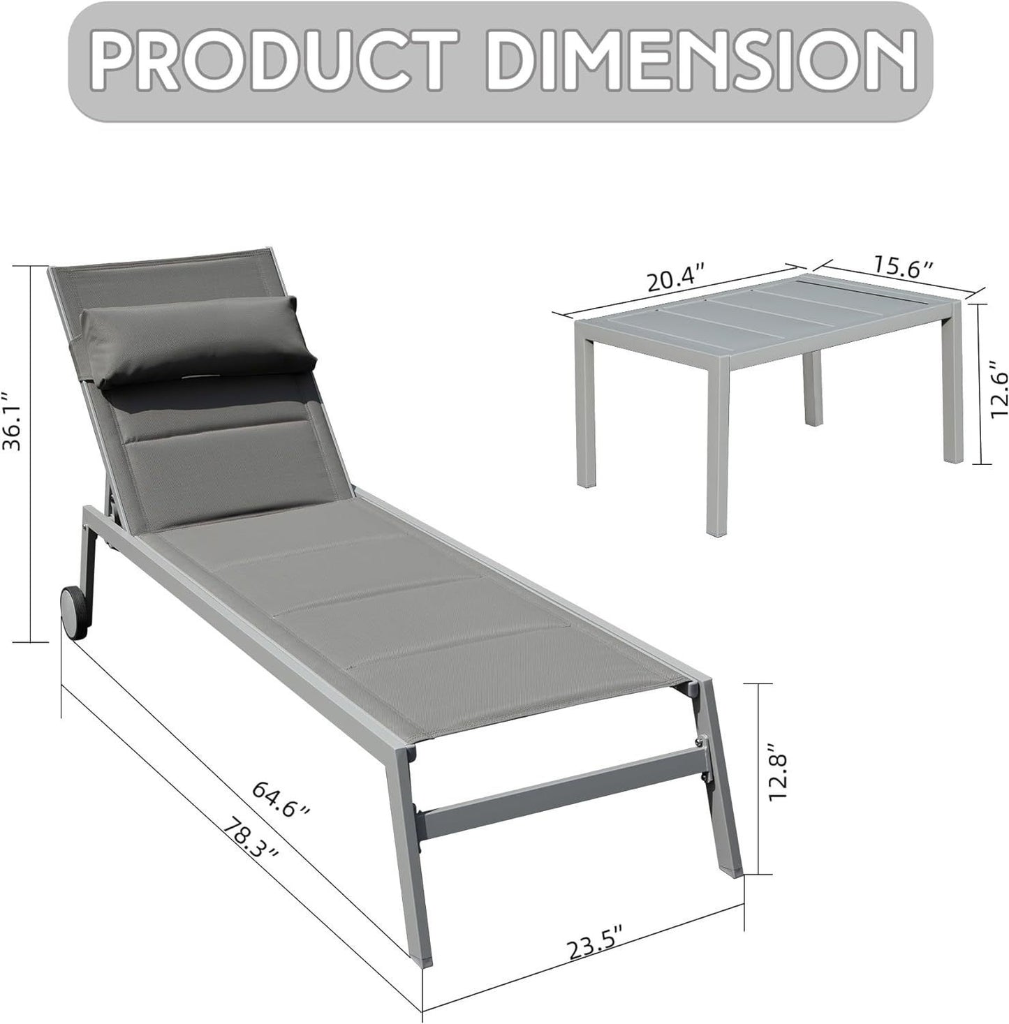 Outdoor Patio Chaise Lounge Set of 3, Aluminum Pool Lounge Chairs with Side Table and Wheels, Textilene Padded Adjustable Recliner All Weather for Poolside, Beach, Yard, Balcony (Gray)