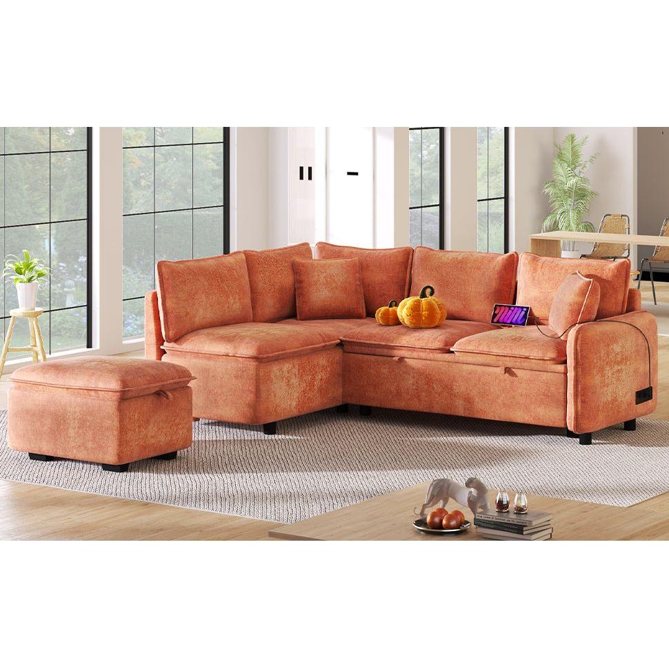 82.67"Convertible Sofa Bed Sectional Sofa Sleeper L-shaped Sofa with a Storage Ottoman,Two Pillows, Two Power Sockets and Two USB Ports for Living Room, Orange
