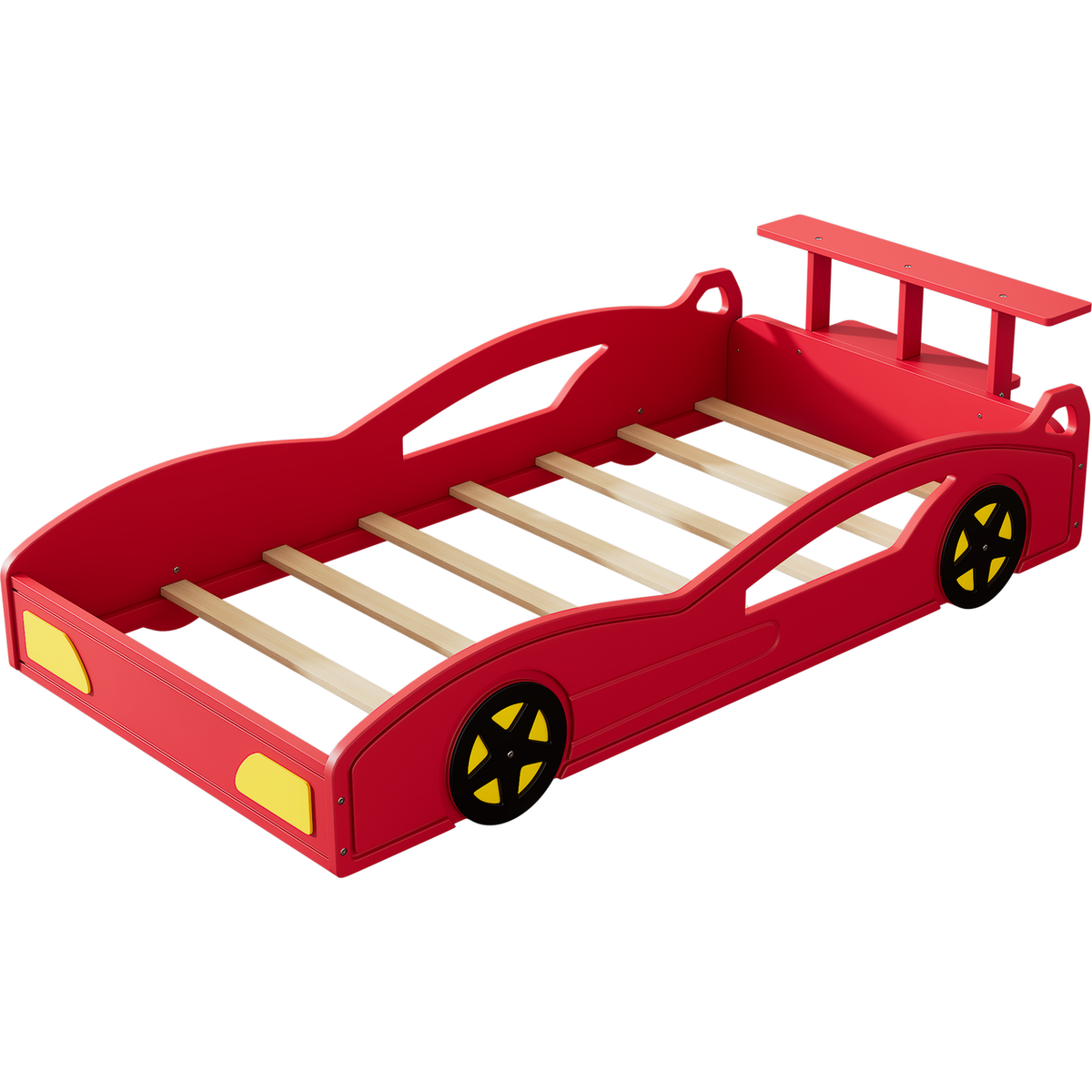 Wooden Race Car Bed,Car-Shaped Platform Twin Bed with Wheels For Teens,Red & Yellow