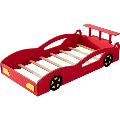 Wooden Race Car Bed,Car-Shaped Platform Twin Bed with Wheels For Teens,Red & Yellow
