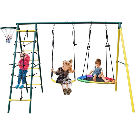 Indoor/Outdoor Metal Swing Set with Safety Belt for Backyard