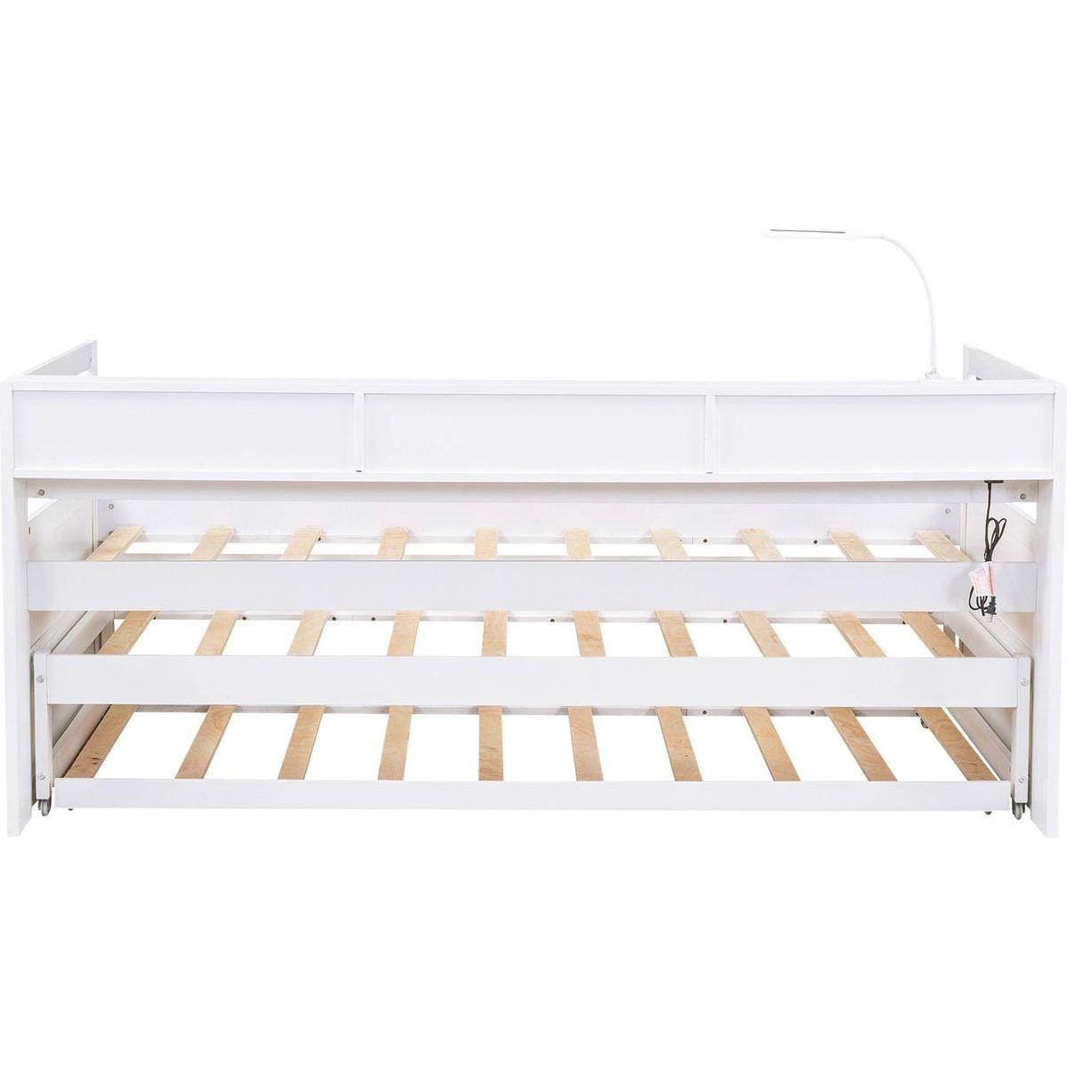 Twin XL Wood Daybed with 2 Trundles, 3 Storage Cubbies, 1 Light for Free and USB Charging Design, White