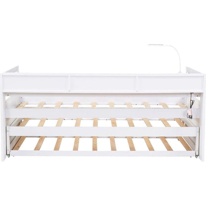 Twin XL Wood Daybed with 2 Trundles, 3 Storage Cubbies, 1 Light for Free and USB Charging Design, White