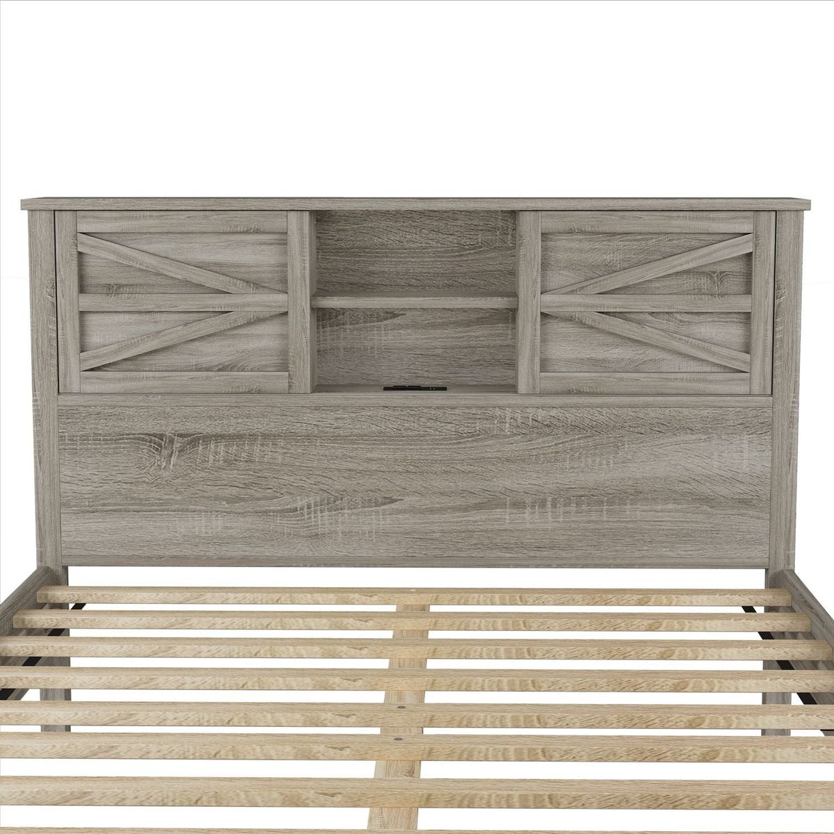 Farmhouse Platform Bed with Double Sliding Barn Door, Full Size Rustic Wood Bed with Charging Station, Wood Slats Support, Antique Gray