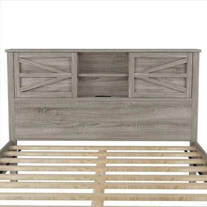 Farmhouse Platform Bed with Double Sliding Barn Door, Full Size Rustic Wood Bed with Charging Station, Wood Slats Support, Antique Gray