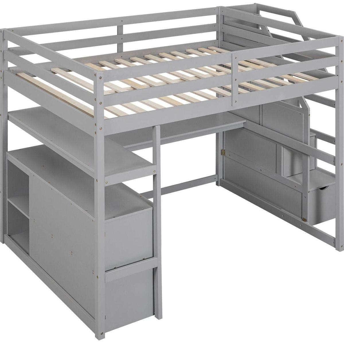 Full Size Loft Bed with Desk and Shelves, Two Built-in Drawers, Storage Staircase, Gray