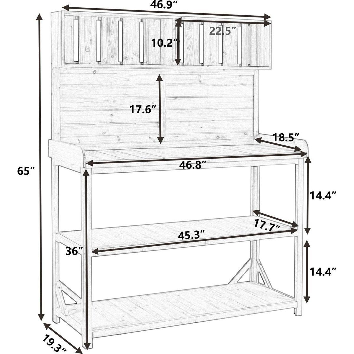 65" Large Wooden Farmhouse Rustic Outdoor Potting Bench Table, Patio Workstation, Garden Potting Bench with 4 Storage Shelves and Side Hook,Natural