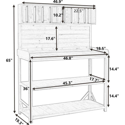 65" Large Wooden Farmhouse Rustic Outdoor Potting Bench Table, Patio Workstation, Garden Potting Bench with 4 Storage Shelves and Side Hook,Natural