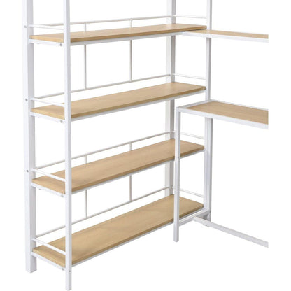 Twin Size Metal Loft bed with Staircase, Built-in Desk and Storage Shelves, White