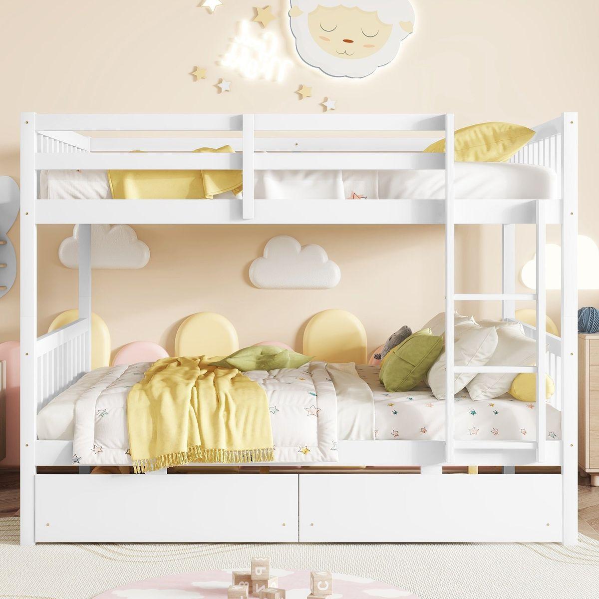 full Over full Rubber Wood Bunk Bed with 2 Drawers, Convertible into 2 full Beds, full Size Bunk Bed with Ladder and Safety Guardrails ,White