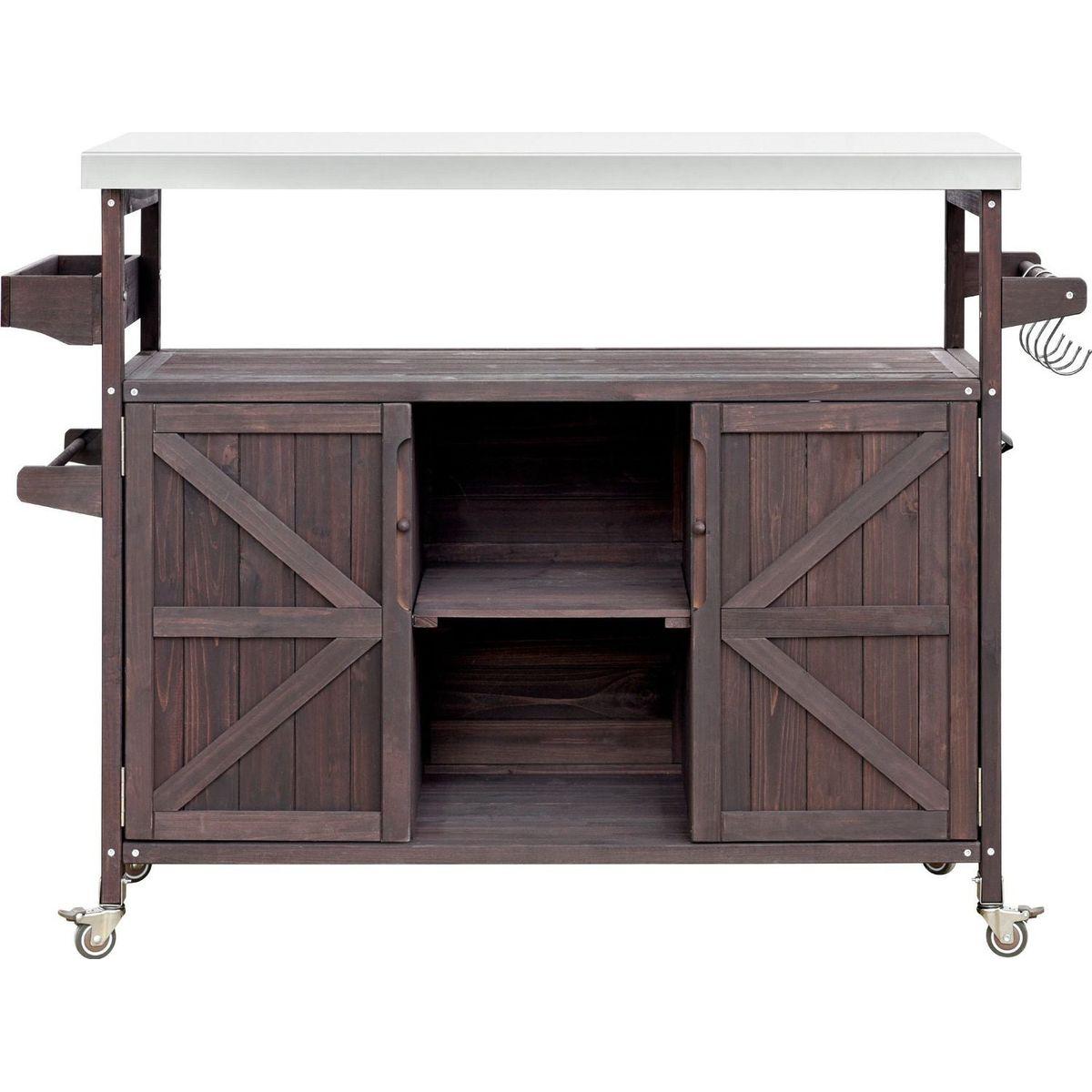 Outdoor Kitchen Island, Rolling Bar Cart & Storage Cabinet, Farmhouse Solid Wood Outdoor Grill Table with Stainless Steel Top, Spice Rack, Towel Rack for Kitchen & Barbecue, Dark Brown