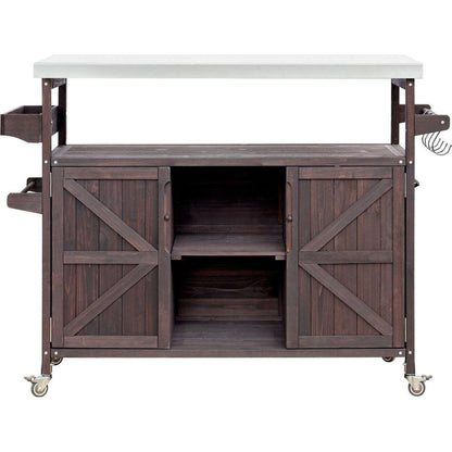 Outdoor Kitchen Island, Rolling Bar Cart & Storage Cabinet, Farmhouse Solid Wood Outdoor Grill Table with Stainless Steel Top, Spice Rack, Towel Rack for Kitchen & Barbecue, Dark Brown