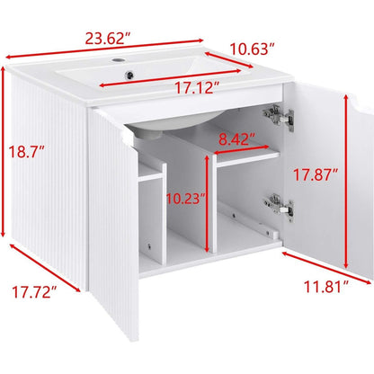 24" Floating Wall Mounted Bathroom Vanity with White Porcelain Sink and Soft Close Doors