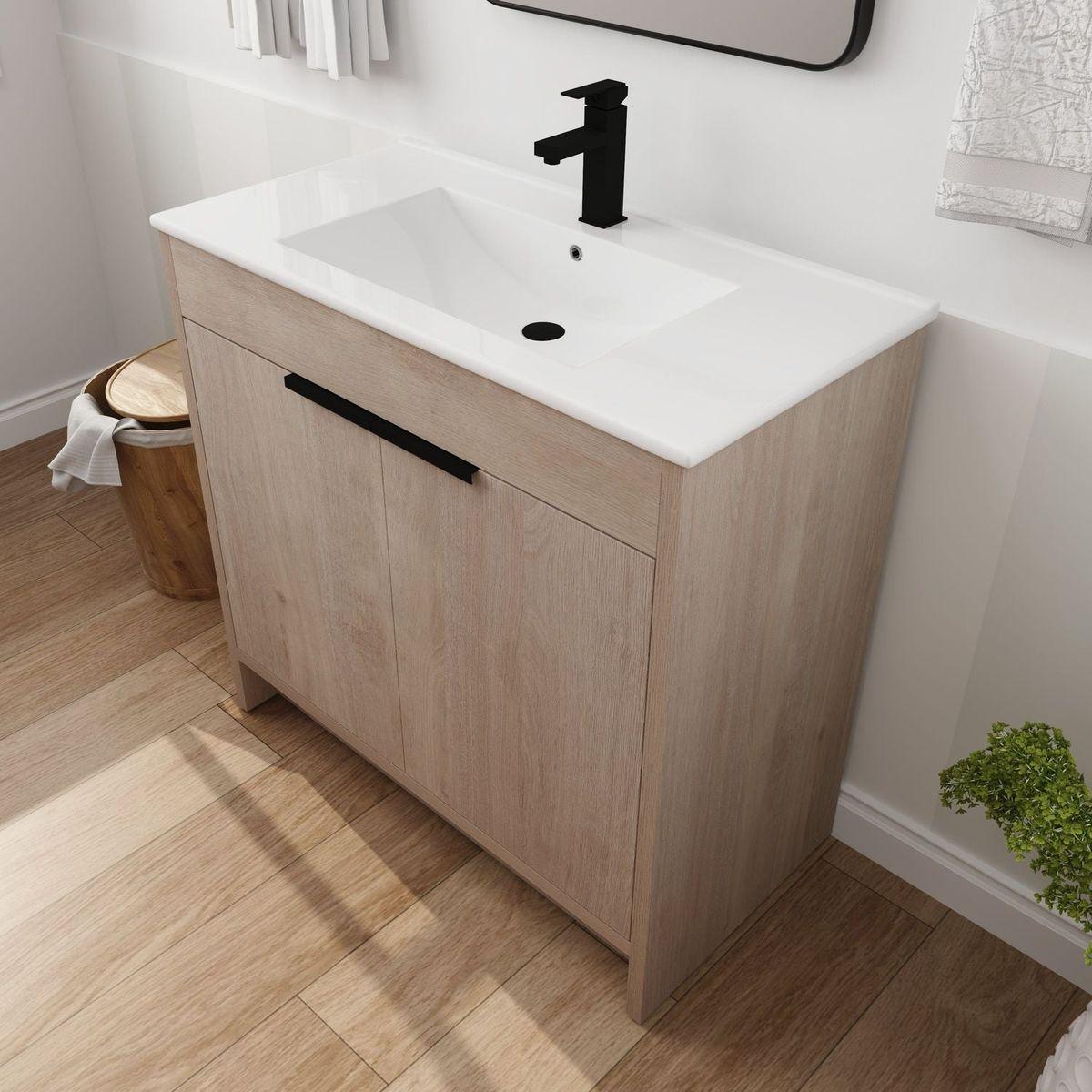 36 Inch Freestanding Bathroom Vanity with White Ceramic Sink & 2 Soft-Close Cabinet Doors (BVB02436PLO-F-BL9090B),W1286S00063