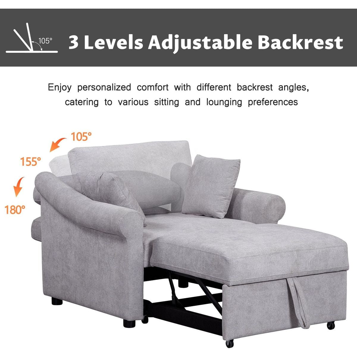 Chenille Convertible Sleeper Chair with Adjustable Backrest, 3 IN 1 Lounger Chair Turns Into Bed, Single Bed for Living Room, Gray