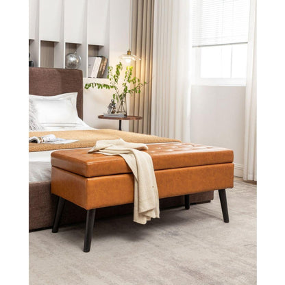 Storage Bench with Storage Bench for Bedroom End of Bed Bench Foot of Bed Bench Entryway Bench Storage Ottoman Bench 43.3" W x 17.7" Brown Leather Bench