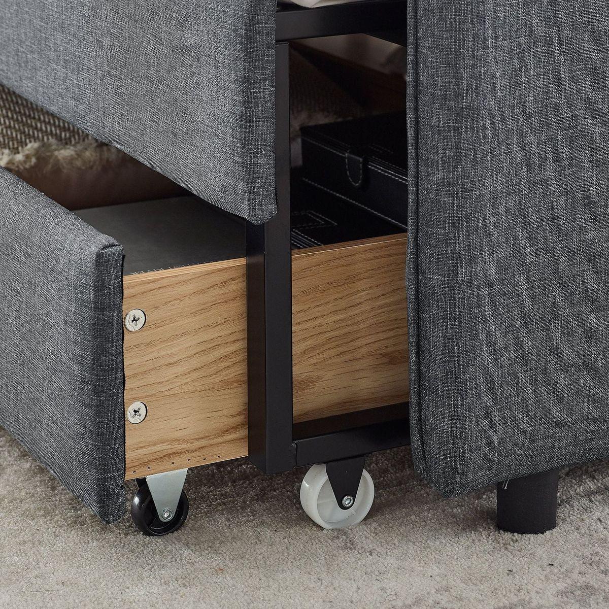 Twin Size Upholstery Daybed with Trundle Bed and Two Storage Drawers, Flat Arms with Pocket, Extendable Daybed for Bedroom Living Room,Linen Dark Gray