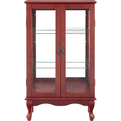 2 Doors Curio Cabinet with Tempered Glass Doors, Curio Cabinets with Mirrored Back Panel and Adjustable Shelves, Lighted Display Cabinet for Home, Office Light Bulb Included Cherry