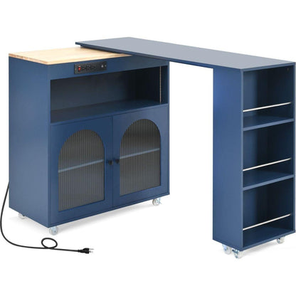 Rolling Kitchen Island With Movable Extended Table, Kitchen Cabinet on Wheels with Power Outlets and 2 Fluted Glass Doors, Kitchen Island with a Storage Compartment and Side 3 Open Shelves, Navy